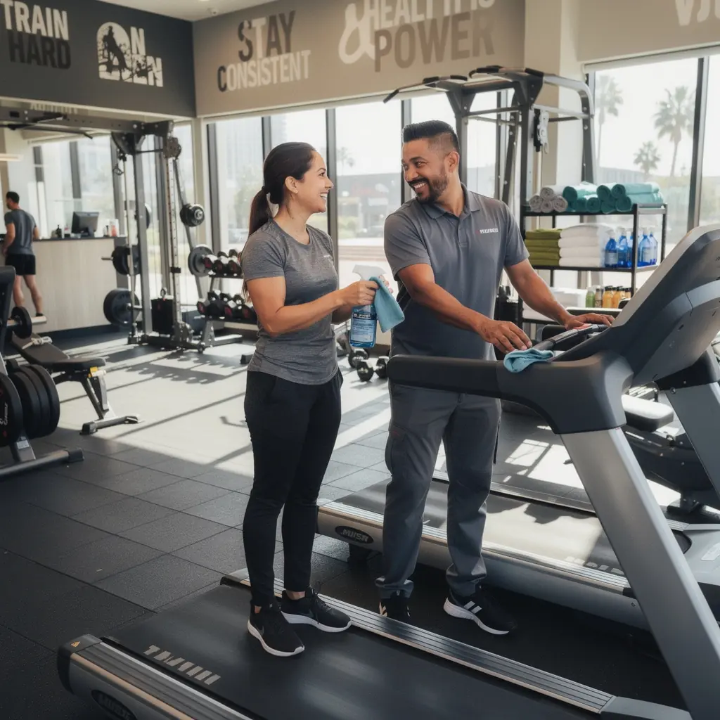 A close-up of cleaning supplies arranged neatly on a surface in a commercial kitchen.