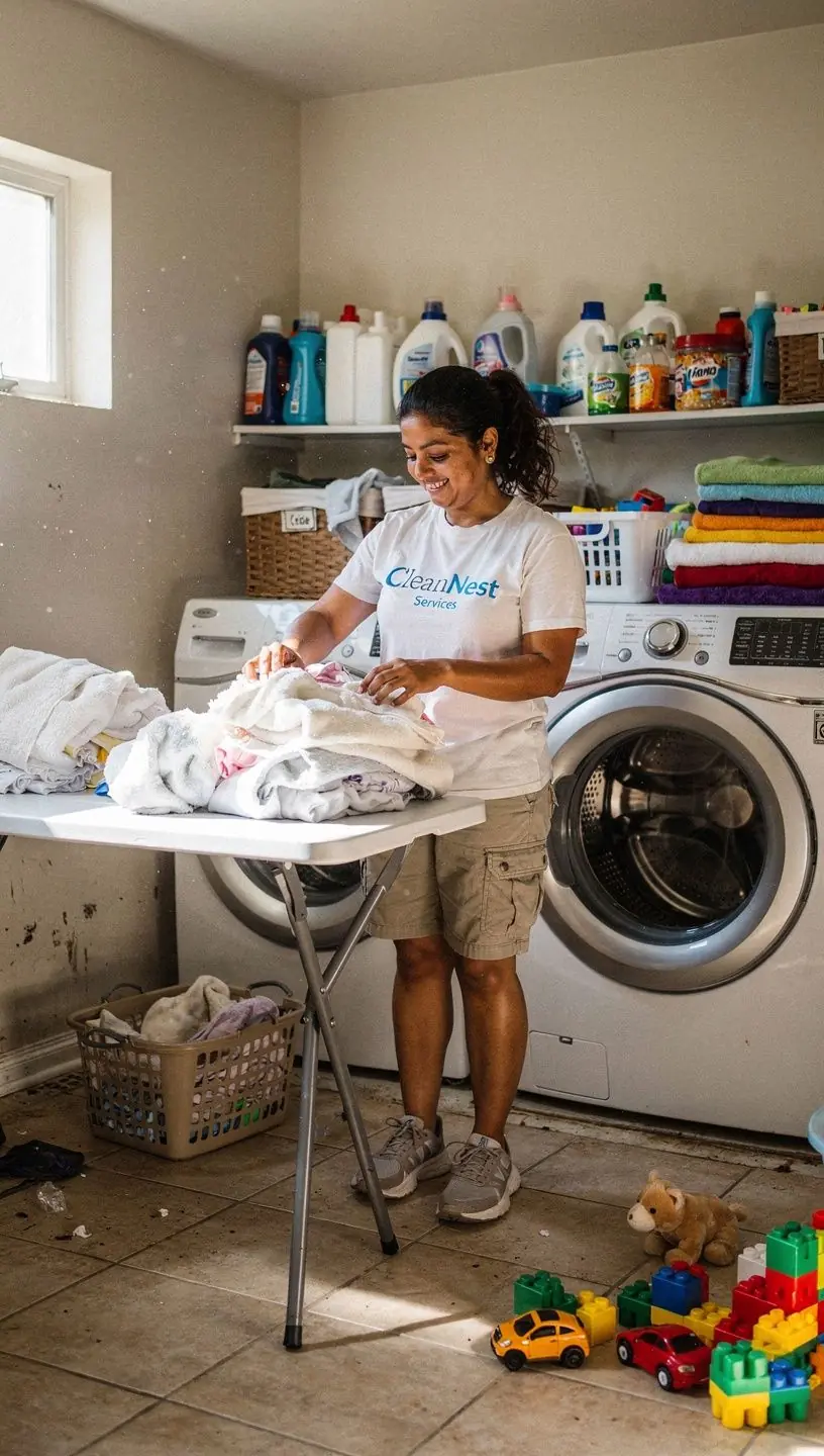 A group of cleaners discussing their plan for a deep cleaning project in a conference room.